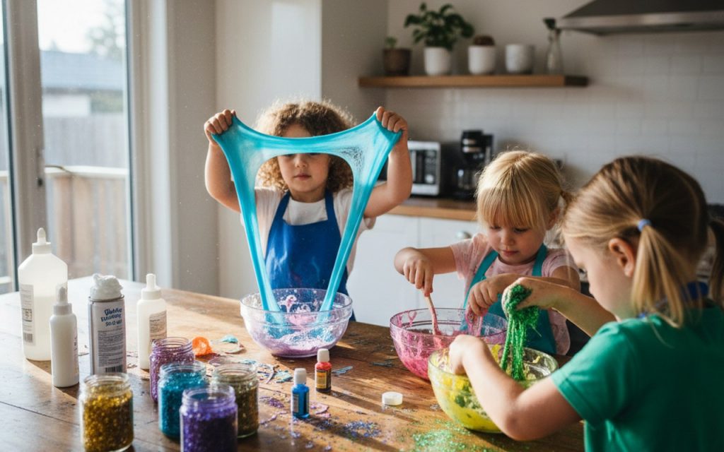 Enfants fabriquant du slime coloré avec des ingrédients dans une cuisine.