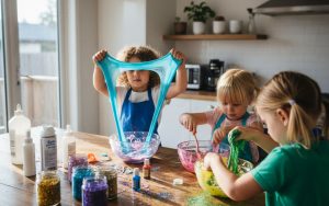 Enfants fabriquant du slime coloré avec des ingrédients dans une cuisine.