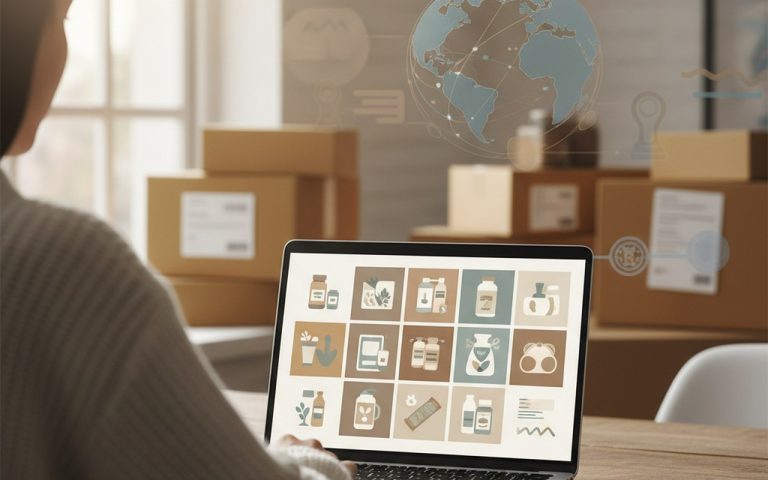 Client explorant des produits de bien-être sur un site e-commerce, préoccupations de livraison en arrière-plan.