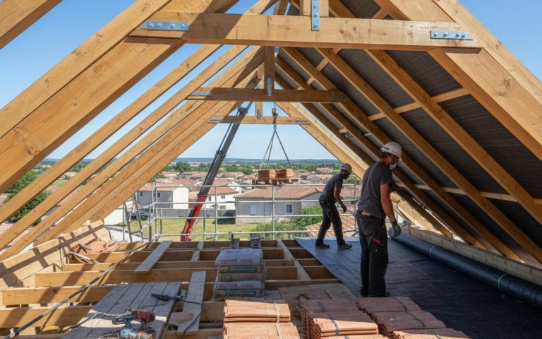 Installation d'un écran sous toiture sur une charpente en bois.