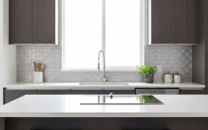 Cuisine moderne avec crédence adhésive en mosaïque aluminium, alliant esthétique et praticité.