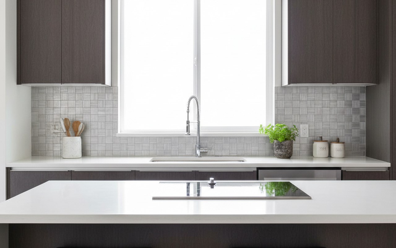 Cuisine moderne avec crédence adhésive en mosaïque aluminium, alliant esthétique et praticité.