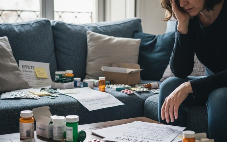 Un patient préoccupé entouré de médicaments et de notes sur Cymbalta.