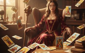 Femme brune symbolisant la Dame de Trèfle en cartomancie, entourée de cartes de tarot.