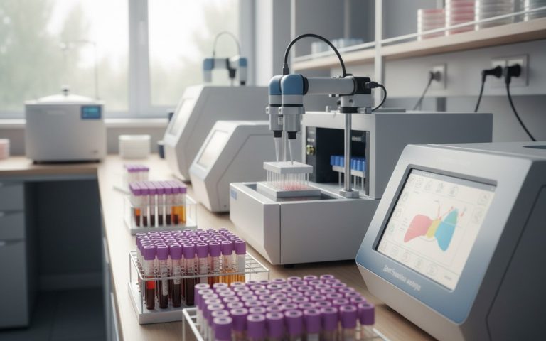 Laboratoire médical avec des tubes de sang pour tests de gamma-GT.