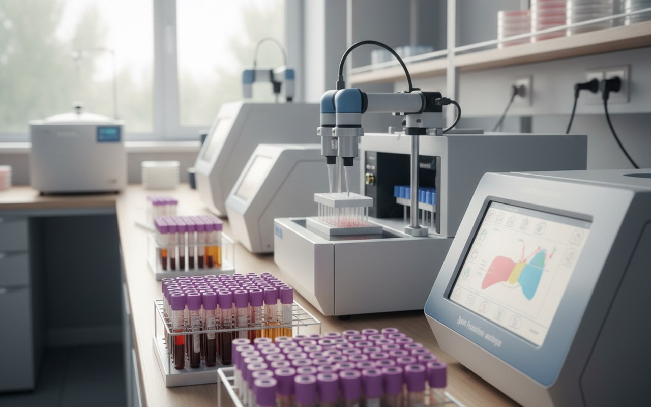Laboratoire médical avec des tubes de sang pour tests de gamma-GT.