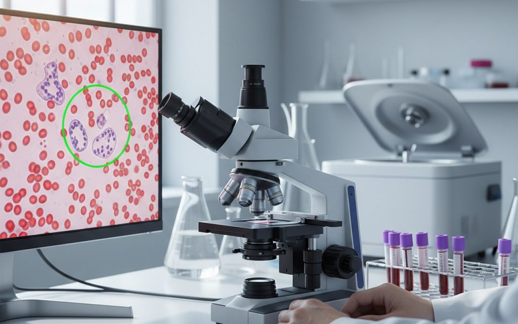 Analyse de granulocytes immatures dans un laboratoire médical.