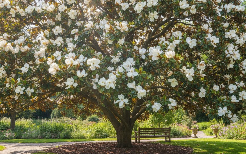 Magnolia grandiflora en fleurs blanches dans un jardin ensoleillé.