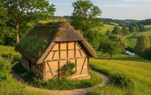 Maison en torchis traditionnelle dans un paysage rural verdoyant