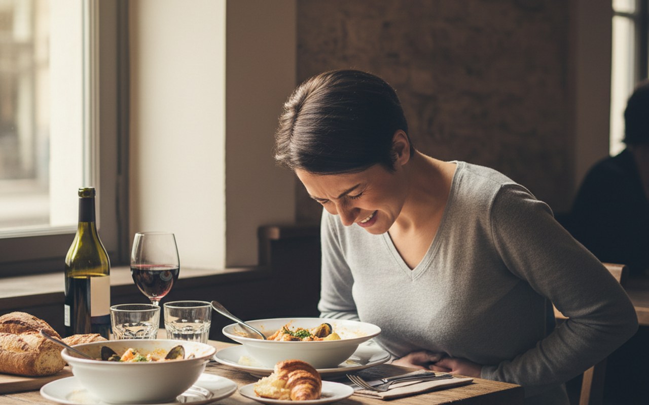 Personne ressentant un malaise abdominal après un repas copieux.