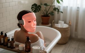 Personne utilisant un masque LED pour le visage à domicile, entourée de produits de soin.