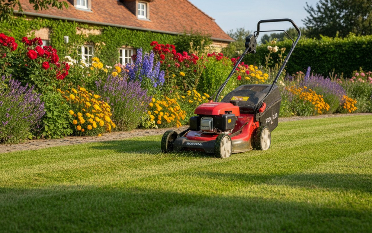 Tondeuse Honda en action dans un jardin bien entretenu avec une pelouse fraîchement tondue.