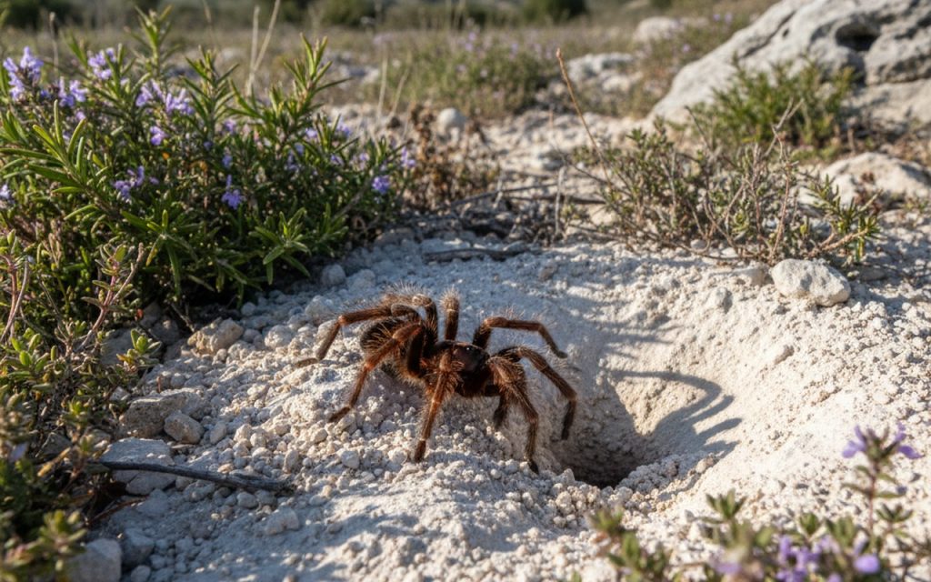 Mygale de Provence creusant un terrier dans son habitat naturel en Provence.
