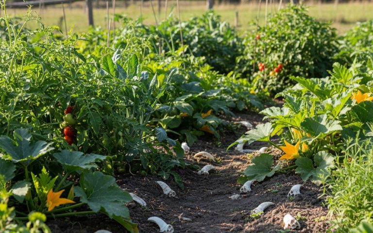 Jardin potager avec des os de seiche pour enrichir le sol et favoriser la croissance des plantes.