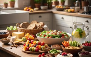 Table de cuisine avec des repas sains pour éviter le grignotage.