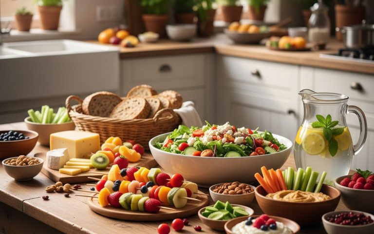 Table de cuisine avec des repas sains pour éviter le grignotage.