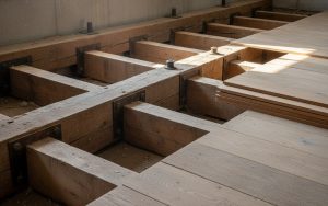 Plancher en bois avec solives, illustrant la structure et le dimensionnement correct.