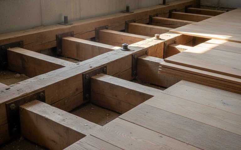 Plancher en bois avec solives, illustrant la structure et le dimensionnement correct.