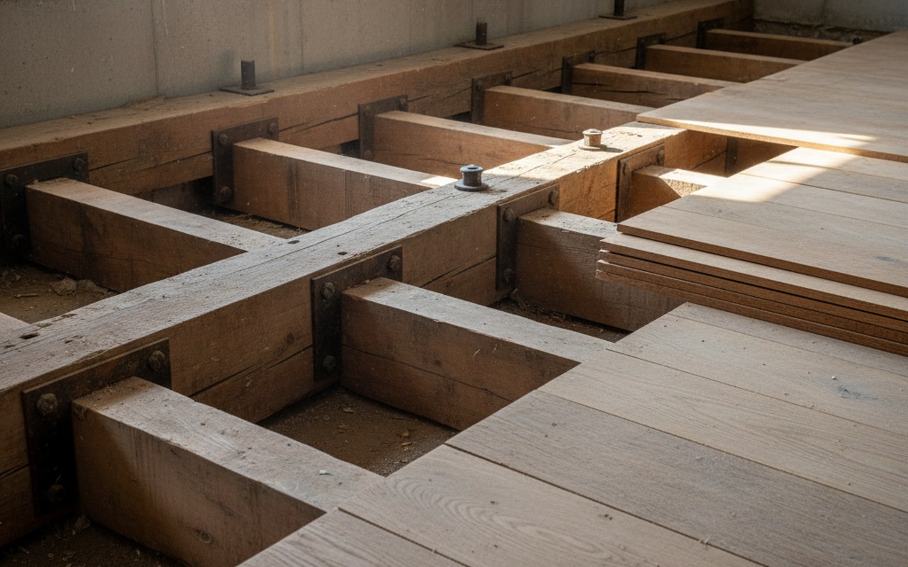 Plancher en bois avec solives, illustrant la structure et le dimensionnement correct.
