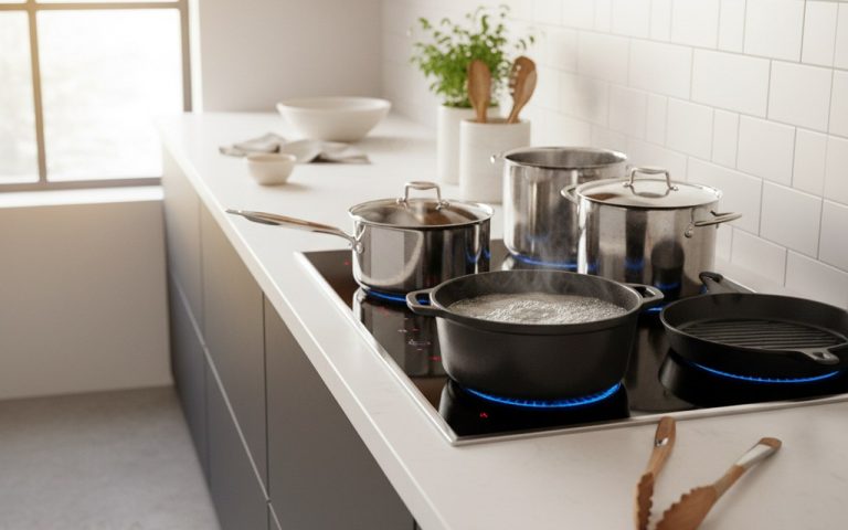 Plaque induction 4 feux en cuisine moderne avec ustensiles compatibles