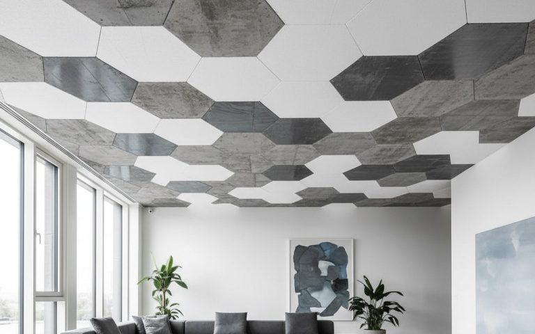 Intérieur moderne avec plafond en plaques de polystyrène décoratives.