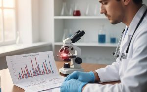 Médecin examinant un bilan sanguin avec un graphique sur la distribution des globules rouges.
