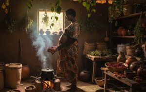Femme enceinte préparant une tisane de feuilles de framboisier dans une cuisine africaine.