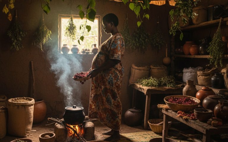 Femme enceinte préparant une tisane de feuilles de framboisier dans une cuisine africaine.