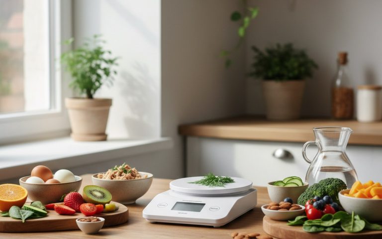 Table de cuisine avec des aliments sains pour le régime militaire et une balance.