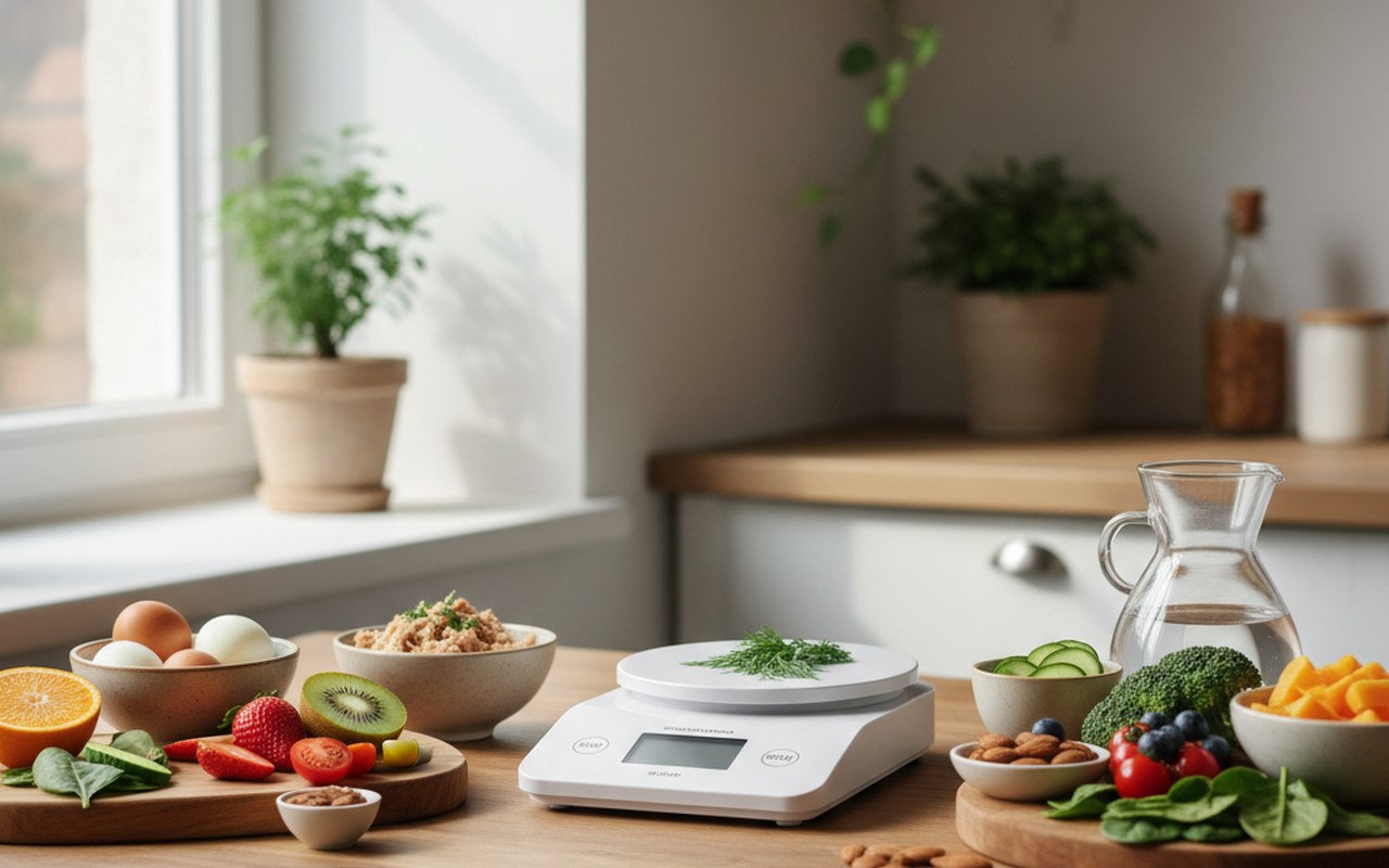 Table de cuisine avec des aliments sains pour le régime militaire et une balance.