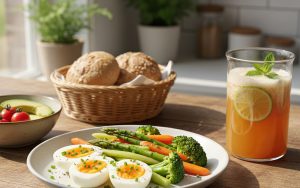 Petit-déjeuner équilibré avec œufs durs et légumes cuits à la vapeur