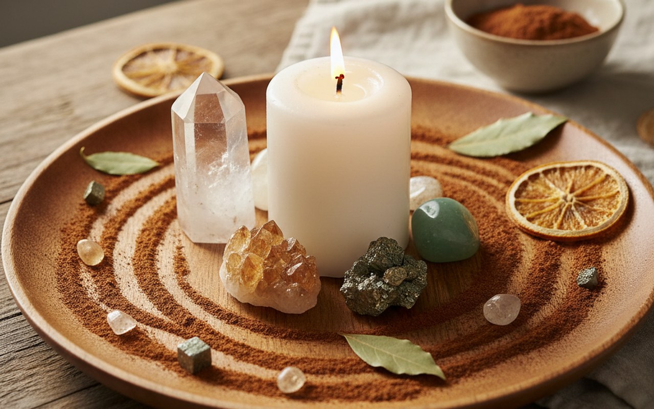 Espace de rituel avec cannelle, bougie et cristaux pour attirer l'abondance.