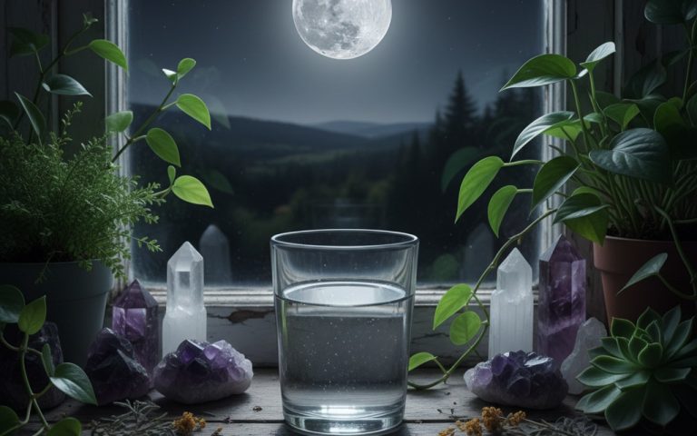 Verre d'eau sur un rebord de fenêtre sous la pleine lune, symbolisant le rituel de l'eau lunaire.