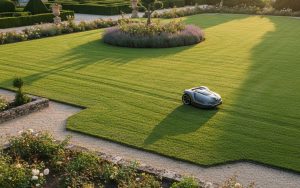 Robot tondeuse Kress en action dans un jardin varié, illustrant la tonte autonome.
