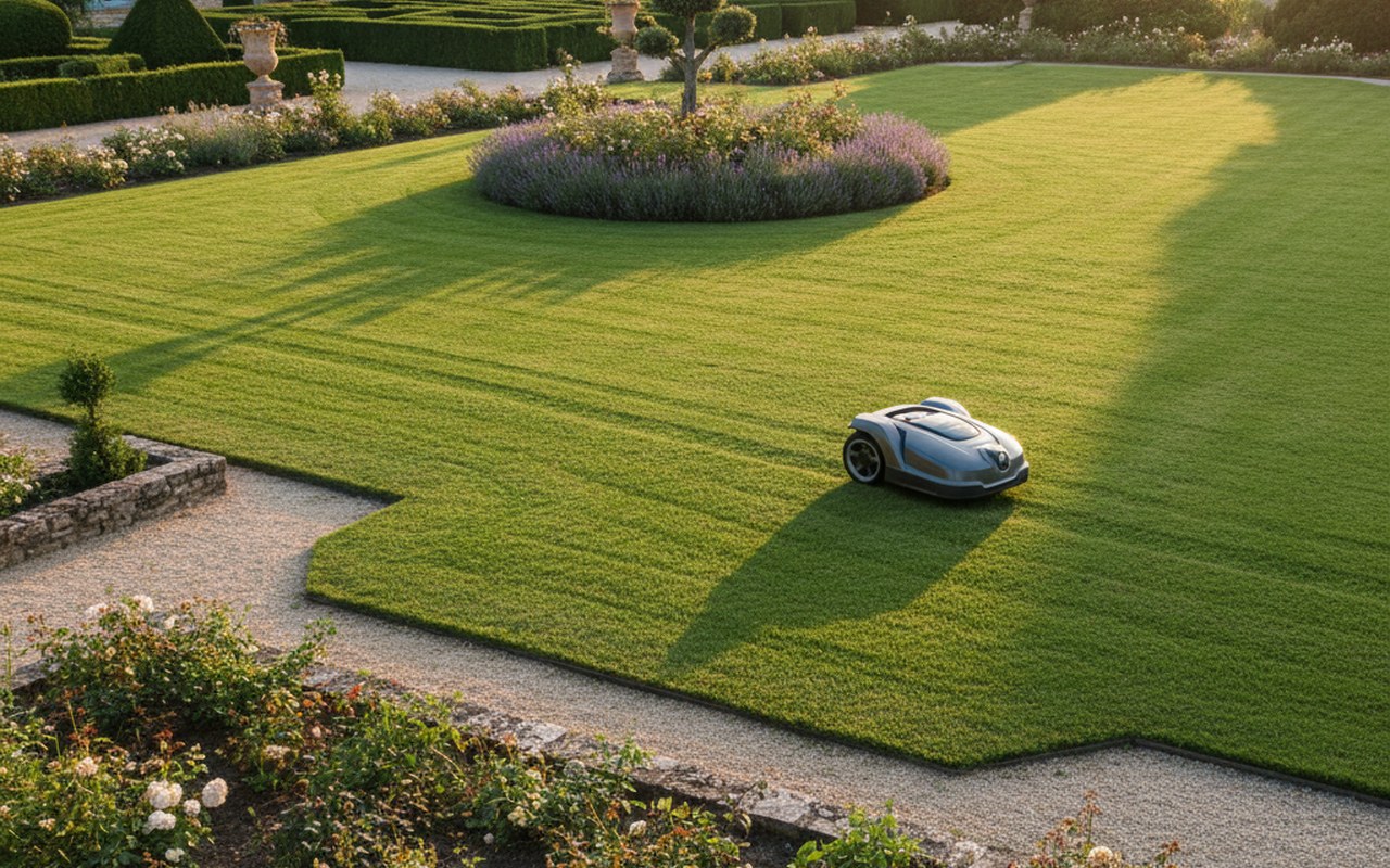 Robot tondeuse Kress en action dans un jardin varié, illustrant la tonte autonome.