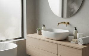 Produits de soin doux pour l'hygiène intime dans une salle de bain accueillante.