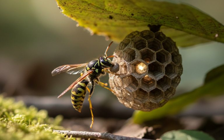 Une guêpe construisant son nid, symbole de protection et de transformation.