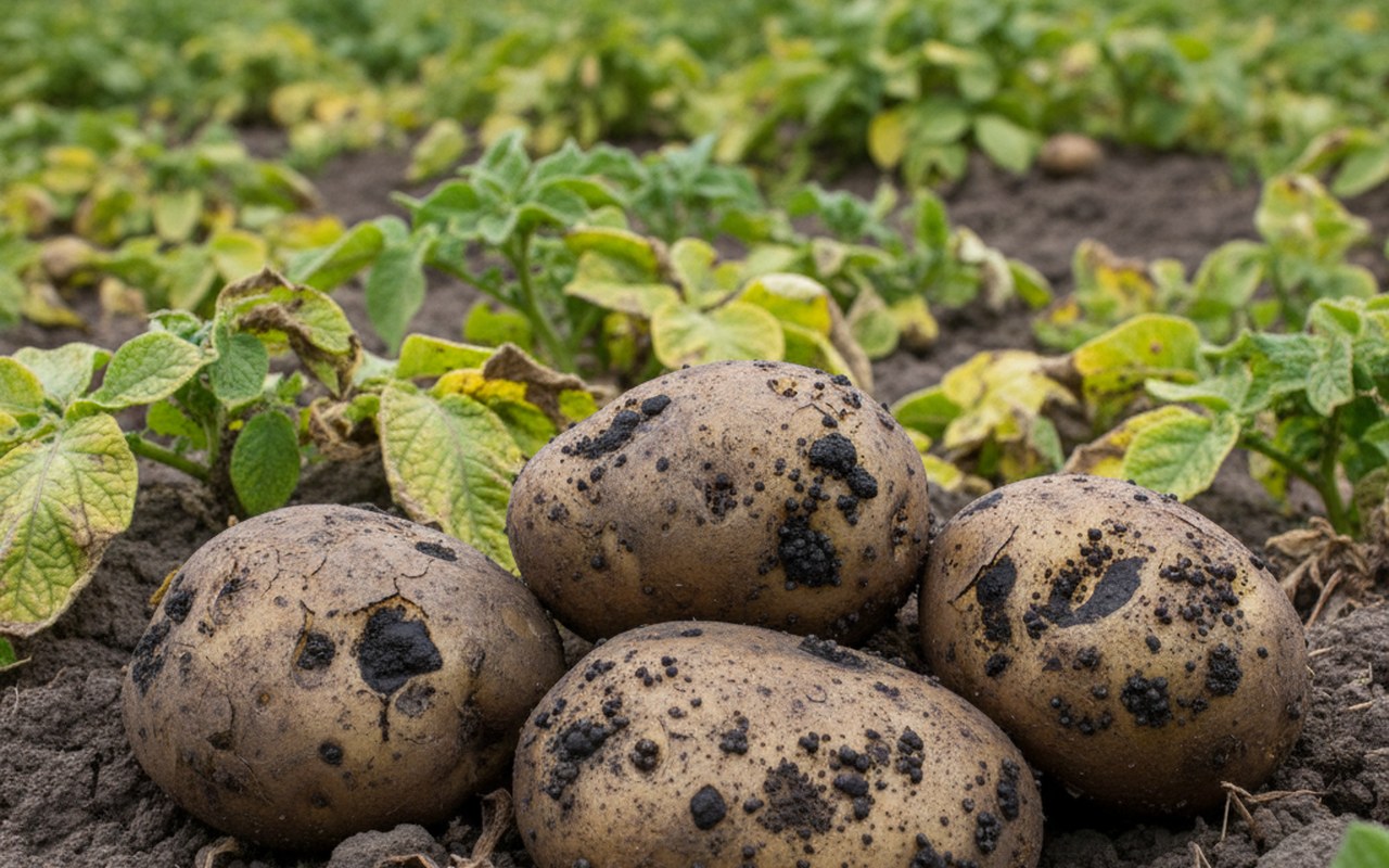 Pommes de terre présentant des taches noires dues à des maladies fongiques.