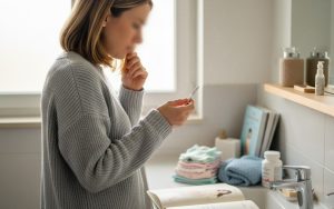 Femme regardant un test de grossesse avec incertitude dans une salle de bain.