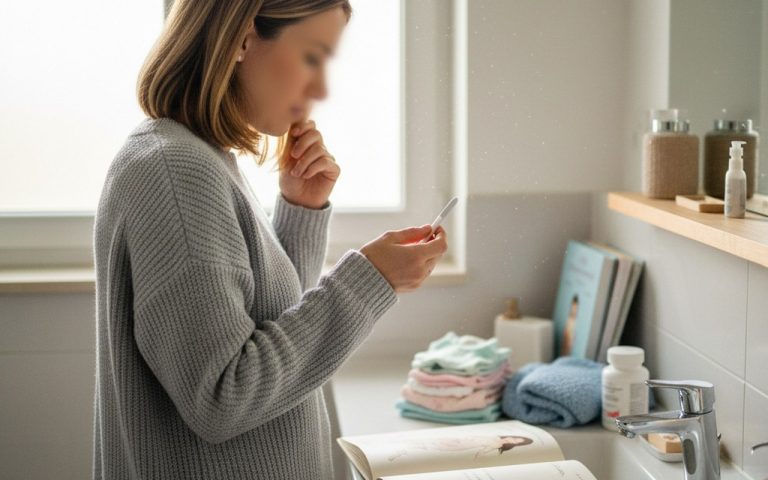 Femme regardant un test de grossesse avec incertitude dans une salle de bain.