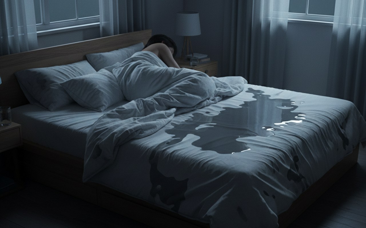 Chambre avec draps mouillés, illustrant la transpiration excessive nocturne.