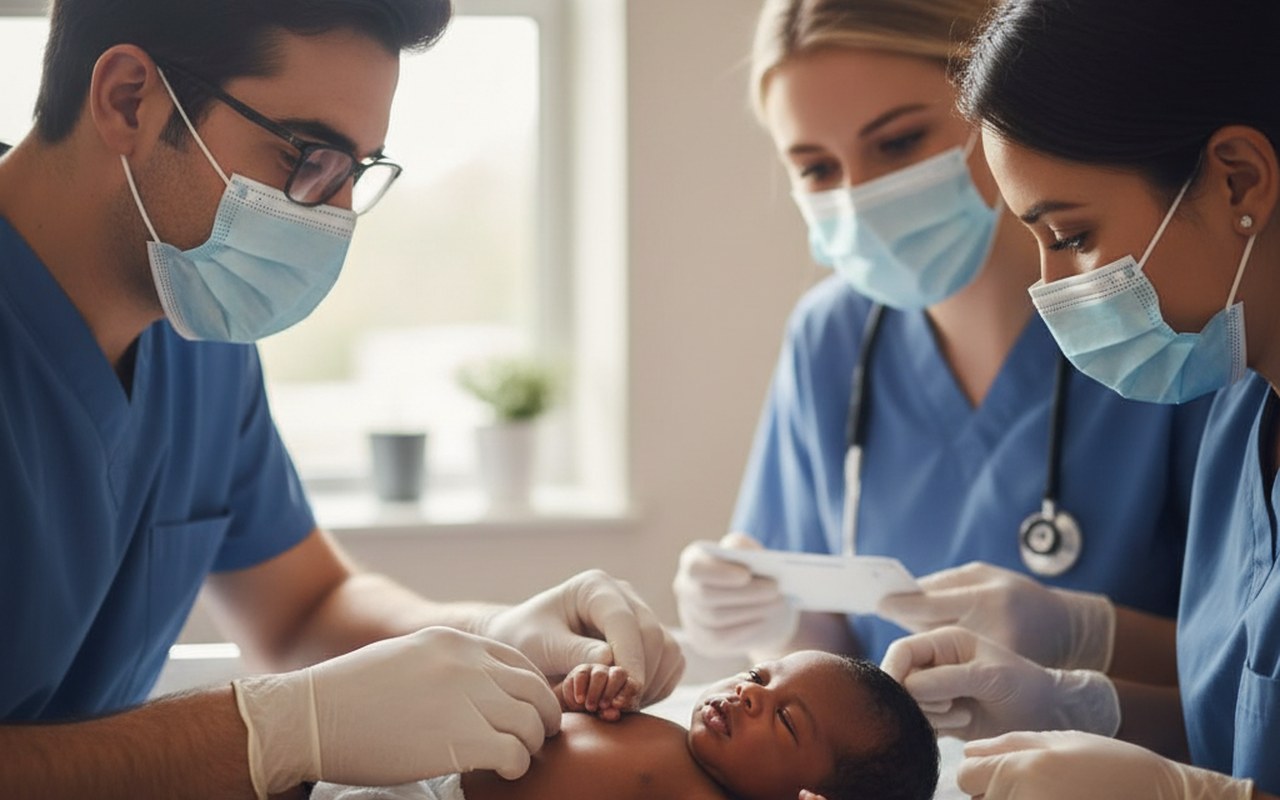 Nouveau-né noir examiné par des professionnels de santé pour la trisomie 21.
