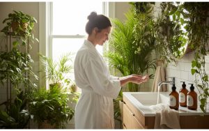 Femme utilisant des produits d'hygiène intime doux dans une salle de bain lumineuse.