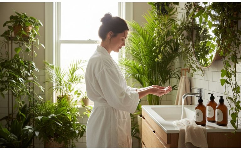 Femme utilisant des produits d'hygiène intime doux dans une salle de bain lumineuse.