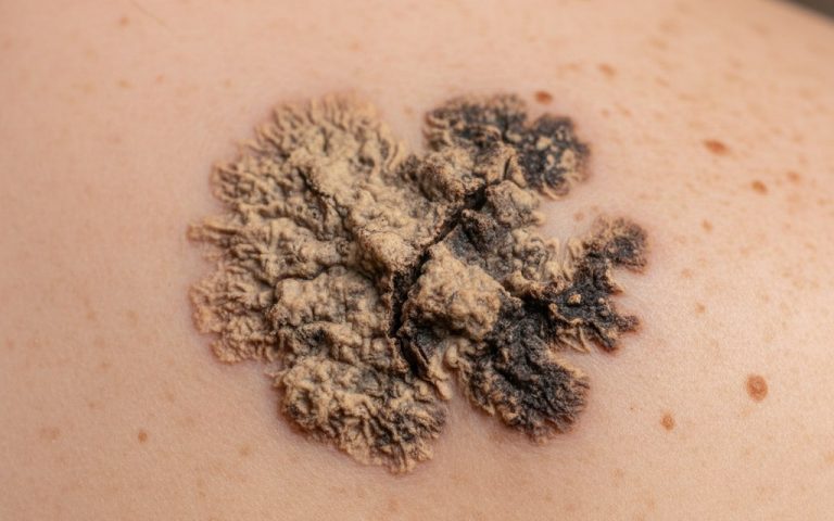 Verrue séborrhéique sur la peau, montrant sa texture et couleur caractéristiques