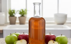 Bouteille de vinaigre de cidre avec des pommes sur une table en bois.