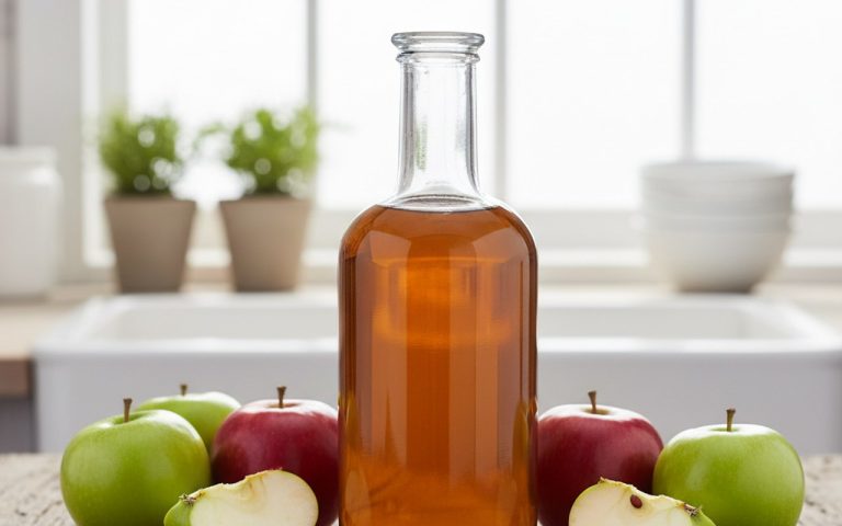 Bouteille de vinaigre de cidre avec des pommes sur une table en bois.