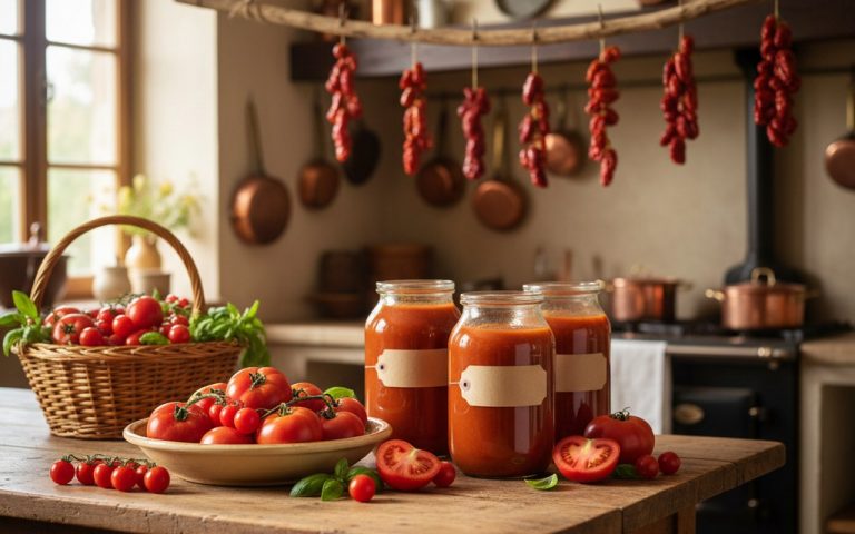 Tomates fraîches et bocaux de sauce dans une cuisine chaleureuse, illustrant la conservation des aliments.