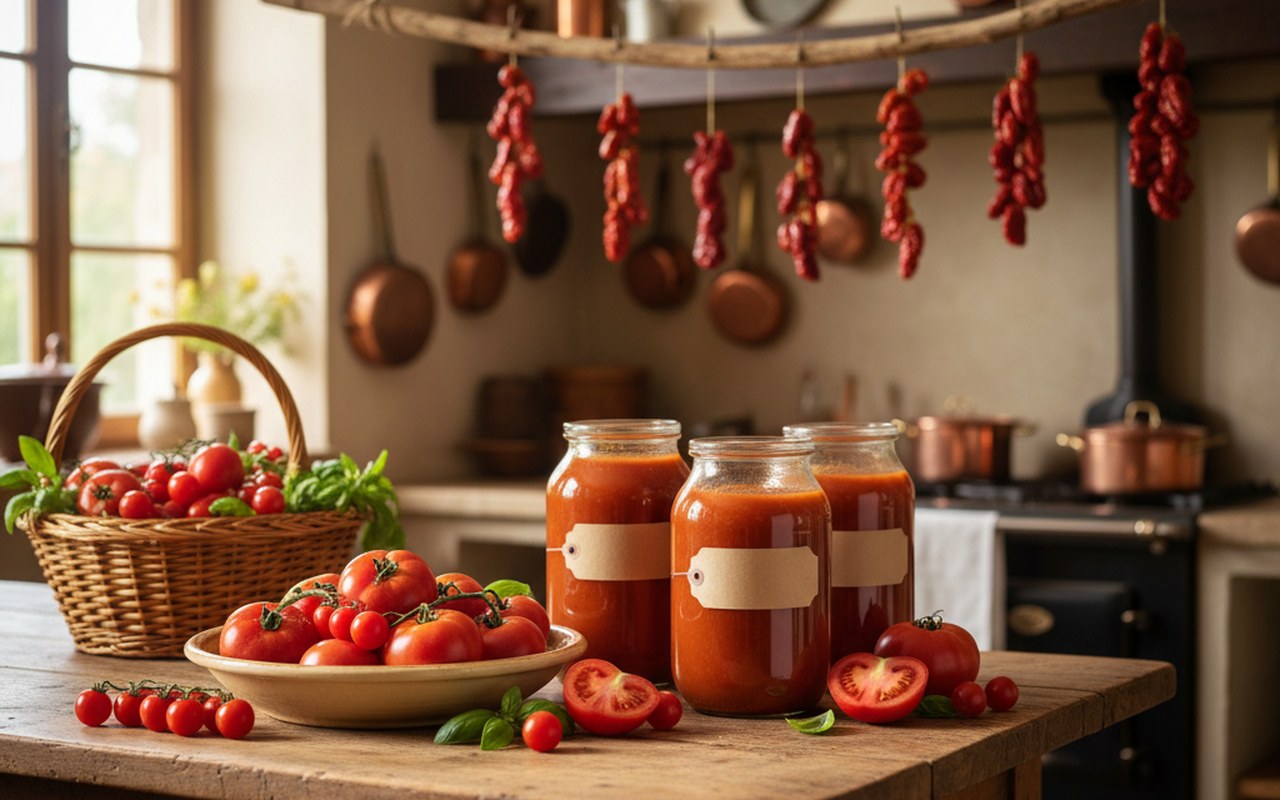 Tomates fraîches et bocaux de sauce dans une cuisine chaleureuse, illustrant la conservation des aliments.