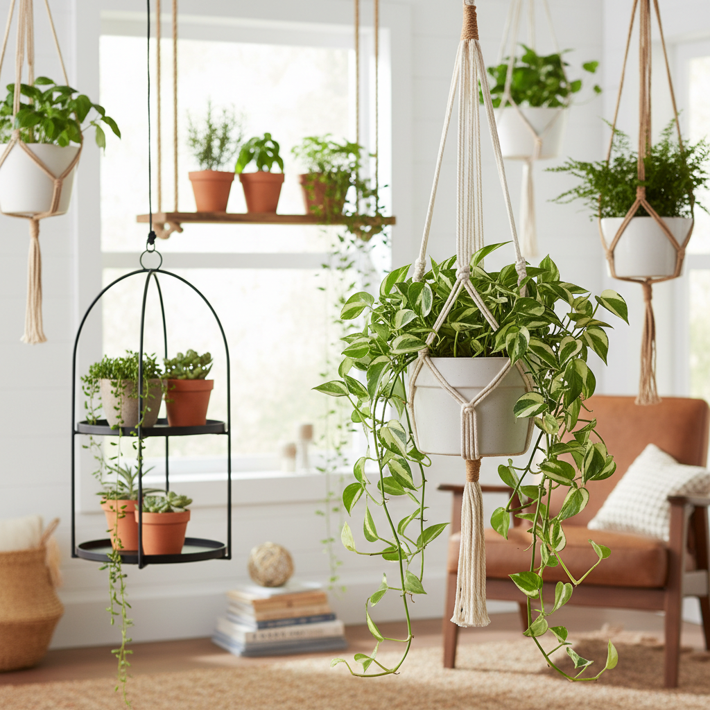 Illustration réaliste sur Les suspensions pour plantes : une touche verte qui sublime vos espaces